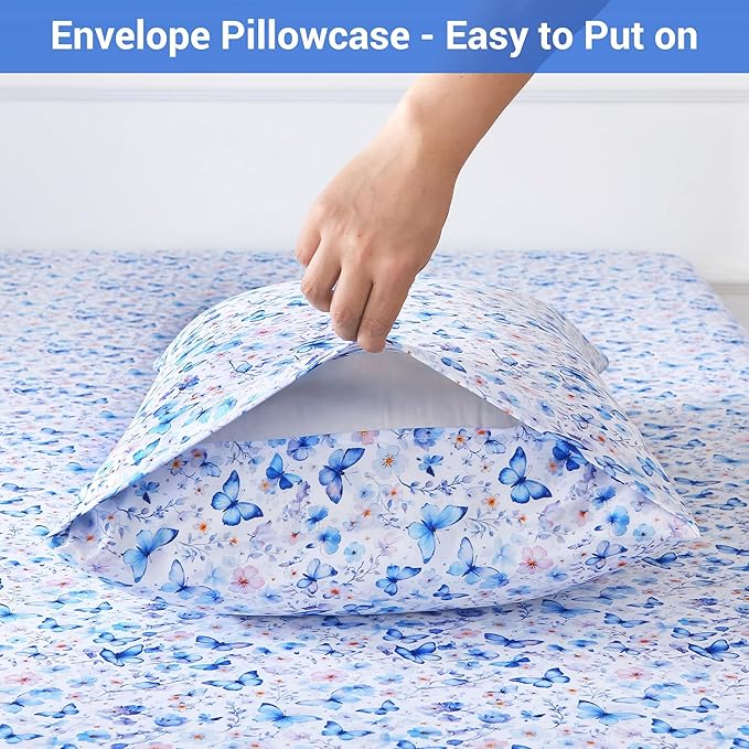 Softan Queen Floral Sheets, Microfiber Blue Flower Printed Fitted Sheets with Non-Slip Corner Straps and 15" Deep Pocket, Butterfly Patterned Cozy Bed Sheets & Pillowcase Sets