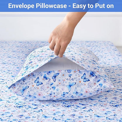 Softan Queen Floral Sheets, Microfiber Blue Flower Printed Fitted Sheets with Non-Slip Corner Straps and 15" Deep Pocket, Butterfly Patterned Cozy Bed Sheets & Pillowcase Sets
