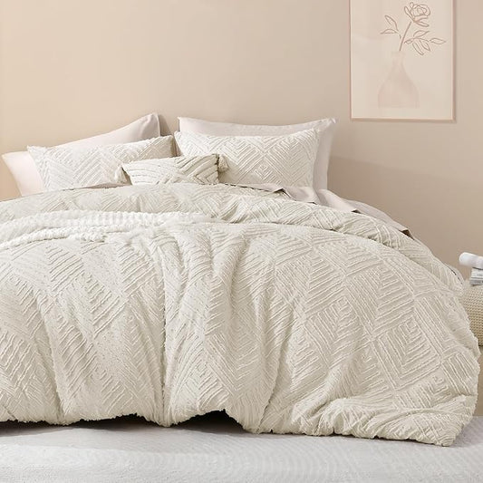 Litanika Beige Oversized Queen Comforter, 3 Pieces Cream Tufted Boho Farmhouse Bedding Comforter Sets, Lightweight Fluffy Comforter Bed Set for All Season (98x98In Comforter and 2 Pillowcases)