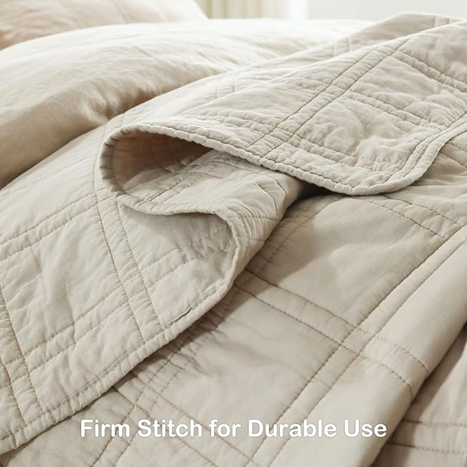 HORIMOTE HOME 100% Cotton Quilt Twin Size Beige Bedspread, Pre-Washed 2-Piece Cozy Lightweight Stitching Decorative Bedding Cover Coverlet Set with 1 Sham in Geometric Pattern for All Season