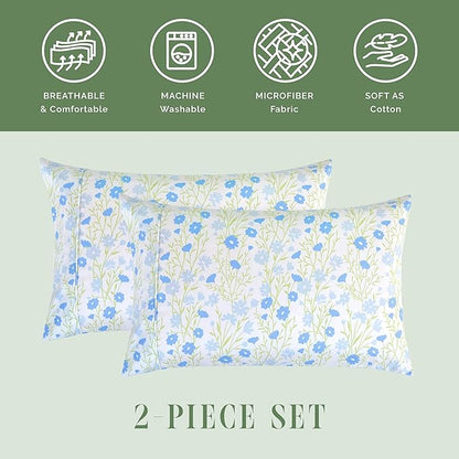 Elegant Comfort Ultra Soft Set of 2 Floral Print Pillowcases - 1500 Premium Hotel Quality Microfiber, Soft and Smooth Envelope Closure 2-Piece Pillow Covers - Standard/Queen, Blue Laurel