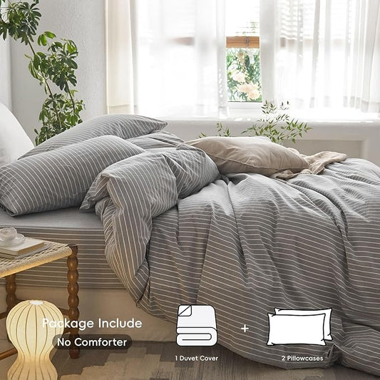 MooMee Striped Duvet Cover Set 100% Washed Cotton Linen Like Textured Breathable Durable Soft Comfy (Light Grey White Wide Stripes, Oversized King Plus 128"x120")