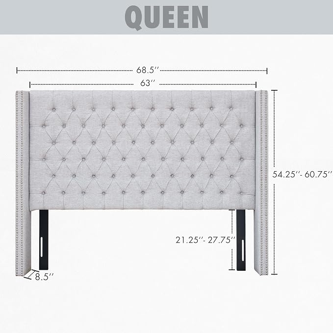 Madison Park Queen Wingback Upholstered Tufted Headboard, Featuring High-Density Sponge Padding, Adjustable Height Headboard, Easy Assembly, Gray