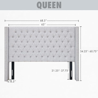 Madison Park Queen Wingback Upholstered Tufted Headboard, Featuring High-Density Sponge Padding, Adjustable Height Headboard, Easy Assembly, Gray