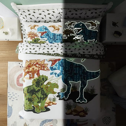 Twin Kids Comforter Set - 5 Pieces Twin Bedding Sets for Boys Teen, Glow in The Dark Dinosaurs Bed in A Bag with Sheets