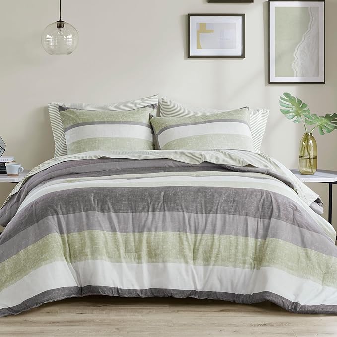 Madison Park Essentials Jaxon Cal King Comforter Set, Bed in A Bag Comforter & Sheet Set, Modern Casual Stripes Print, All Seasons, Soft Bedding Makeover, Matching Sham, Cal King Green/Grey 7 Piece