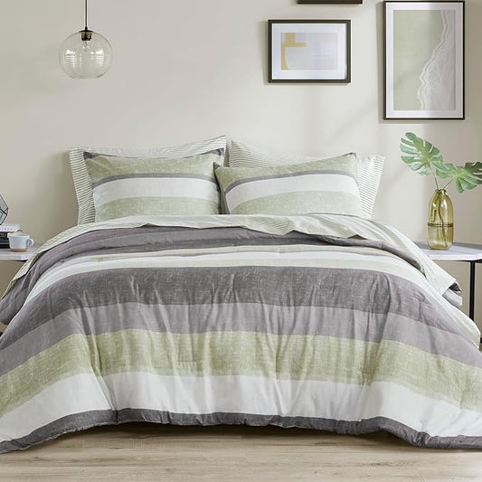 Madison Park Essentials Jaxon King Comforter Set, Bed in A Bag Comforter & Sheet Set, Modern Casual Stripes Print, All Seasons, Soft Bedding Makeover, Matching Sham, King Green/Grey 7 Piece