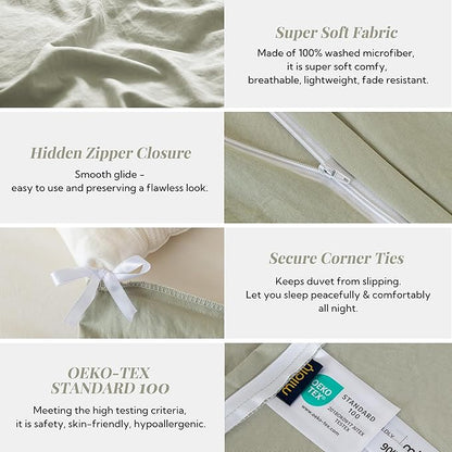 MILDLY Super Soft Duvet Cover - 100% Washed Microfiber October Mist Sage Comforter Cover Set 3 Pieces with Zipper Closure & Corner Ties (No Comforter)