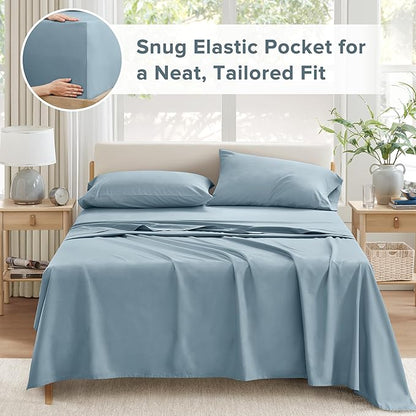 Comfort Spaces Extra Deep Pocket, 100% Cotton Sheets Queen Fits up to 24" Mattress, Breathable, Naturally Cool Cotton, Soft Cotton, All Seasons Sheet Set, Blue 4 Piece
