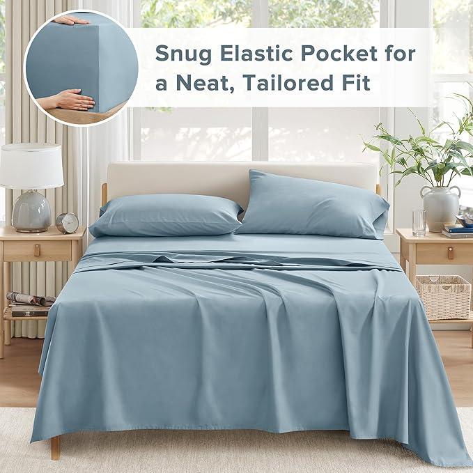 Comfort Spaces Extra Deep Pocket, 100% Cotton King Fits up to 24" Mattress, Breathable, Naturally Cool, Soft, All Seasons Sheet Set, Blue 4 Piece