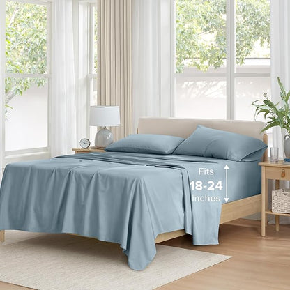 Comfort Spaces Extra Deep Pocket, 100% Cotton King Fits up to 24" Mattress, Breathable, Naturally Cool, Soft, All Seasons Sheet Set, Blue 4 Piece