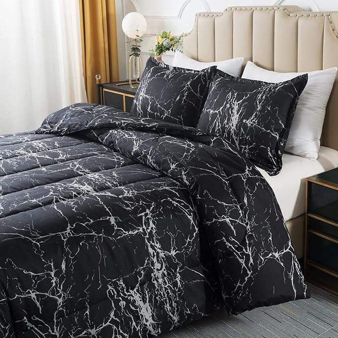 Caressma Twin Size Black Marble Comforter Set, Lightweight Soft 100% Microfiber Bedding Comforter Sets, Fluffy Comforter with Pillowcase 2 Pieces