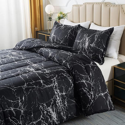 Caressma Twin Size Black Marble Comforter Set, Lightweight Soft 100% Microfiber Bedding Comforter Sets, Fluffy Comforter with Pillowcase 2 Pieces