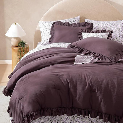 Oversized Queen Comforter Set - 7 Pieces Ruffle Dark Purple Bedding Sets, Shabby Chic Farmhouse Bed in a Bag with Ruffle Comforter, Floral Sheets, Pillowcases & Shams