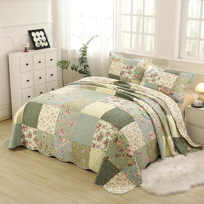 vctops Boho Patchwork Cotton Quilted Bedspread Quilt Set Twin Size 2 Pieces Soft Reversible Lightweight Coverlet Set Floral Print 1 Quilt and 1 Pillow Sham (Green D,Twin)
