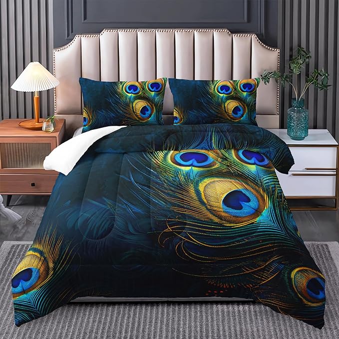 Peacock Feather Queen Bedding Set - Boho Comforter for Girls, Bohemian Gothic Decor, Western Hippie Animal Print Black