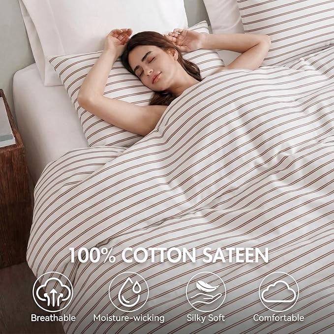 Bedbay Beige Striped Duvet Cover Set Queen Size, 100% Cotton Sateen Bedding, Soft & Breathable Neutral Bedding Set, Modern Farmhouse Style, 3 Pcs Striped Comforter Cover with Zipper & Corner Ties