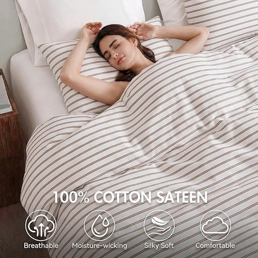 Bedbay Beige Striped Duvet Cover Set King Size, 100% Cotton Sateen Bedding, Soft & Breathable Neutral Bedding Set, Modern Farmhouse Style, 3 Pcs Striped Comforter Cover with Zipper & Corner Ties