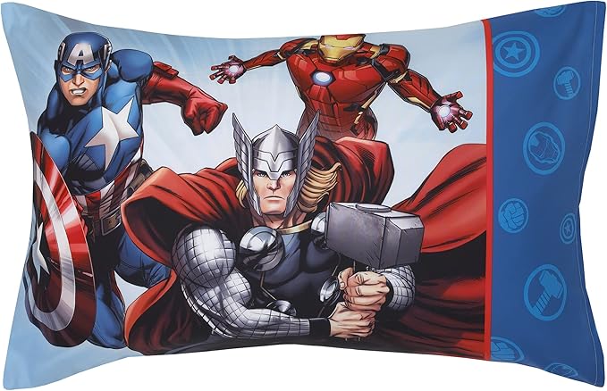 Disney Marvel Avengers Fight The Foes Blue, Red, Green Hulk, Iron Man, Thor, Captain America 4 Piece Toddler Bed Set - Comforter, Fitted Bottom Sheet, Flat Top Sheet, and Reversible Pillowcase