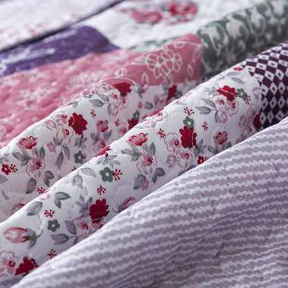 HoneiLife Quilt Set Queen Size - 3 Piece Microfiber Reversible Bedspreads Patchwork Coverlets Floral Bedding Set All Season Quilts with Geometric and Little Rose Print Pattern