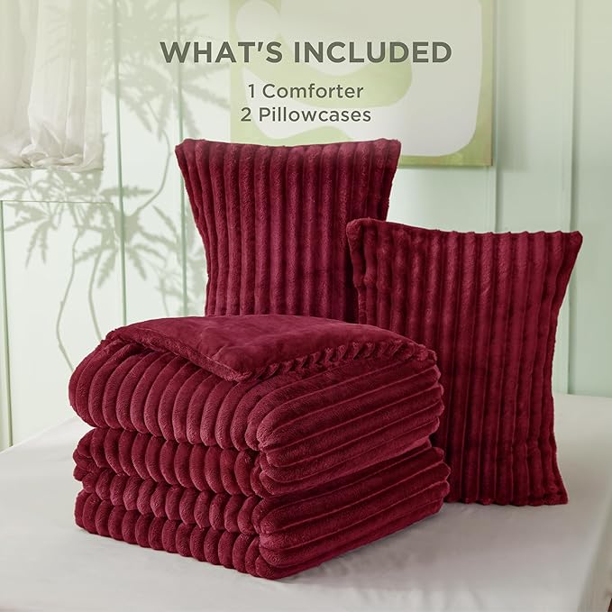 Bedsure Full Size Comforter Sets - GentleSoft™ 3 Pieces Double-Side Fleece Fluffy Dark Red Comforter Set, Cozy Striped Room Decor Aesthetic, Luxury Full Size Bedding, 2 Pillowcases, 82x86 Inches