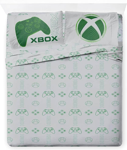 Jay Franco Kids Sheet Cartoon Set with Fitted, Flat Sheets & Pillow Cover - Ultra-Soft Bedding with Pillowcase for Room Decor, White - Xbox, 4 Piece Queen