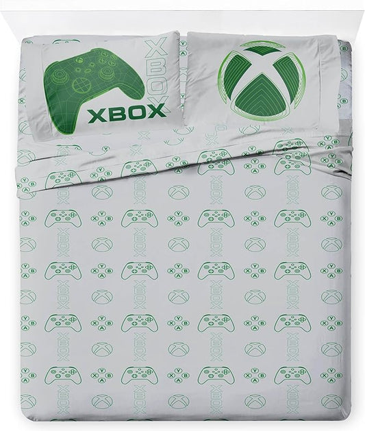 Jay Franco Kids Sheet Cartoon Set with Fitted, Flat Sheets & Pillow Cover - Ultra-Soft Bedding with Pillowcase for Room Decor, White - Xbox, 4 Piece Queen
