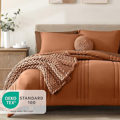 Monbix Oversized King Size Comforter Set - 7 Pieces Burnt Orange Bed in a Bag Oversized King Bedding Sets with Comforters, All Seasons Comforter Bed Set with Sheets, Pillowcases & Shams