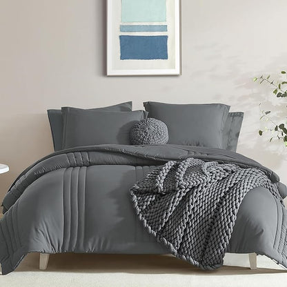Monbix King Size Comforter Set - 7 Pieces Bed in a Bag King, Grey Bedding Sets with Comforter, All Seasons Comforter Bed Set with Sheets, Pillowcases & Shams
