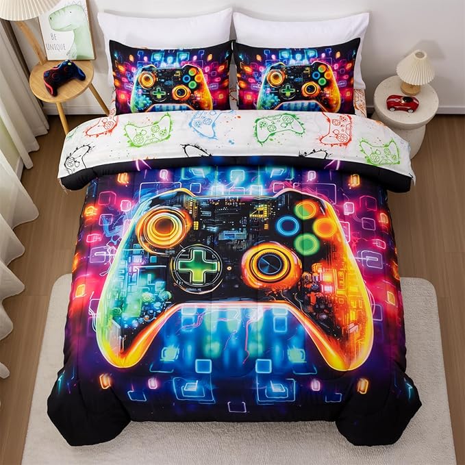 Aimuan Gamer Gaming Bedding Sets 3D Gamepad Comforter Sets for Boys Games Console Action Buttons Novelty Colorful Game Controller Modern Room Decor Home Quilt Set (Black-Blue, Twin)