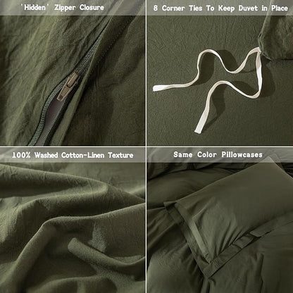 Olive Green Duvet Cover Queen Size, 100% Washed Cotton Bedding Set Cover 1 Duvet Cover 90inch x 90inch with Zipper Closure and 2 Pillowcases, Olive Green