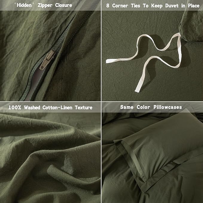 Linen Feel Duvet Cover Twin Size 90inch x 68inch,100% Washed Cotton Duvet Cover with Zipper Closure and One Pillowcases, Color of Olive Green
