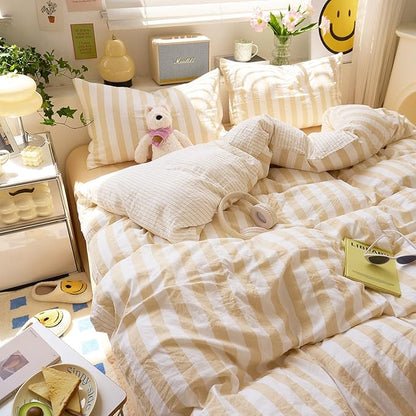 EAVD Beige Striped Duvet Cover King Soft Washed Microfiber Striped Reversible Bedding Set with 2 Pillowcases Modern Farmhouse Geometric Pattern Duvet Cover with Zipper Closure