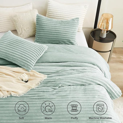 CozyLux Fluffy King Size Comforter Set - Super Soft Faux Fur Sage Green Comforter King Size, Winter Warm Fleece Bedding Set, 3 Pieces Plush Fuzzy Bed Set (1 Shaggy Comforter, 2 Pillowcases)