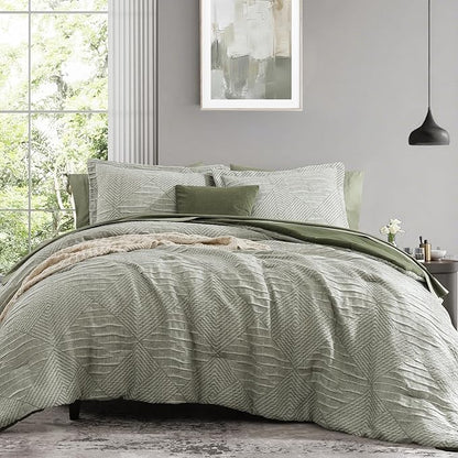 MaiRêve Full Size Comforter Set Crinkle Textured, Light Olive Green Diamond Boho Bedding Set 7 Pieces Bed in A Bag, All Season Geometric Comforter Set with Sheets, Pillowcases & Shams
