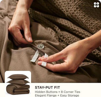 Bedsure Cotton Duvet Cover Queen Size - 100% Cotton Waffle Weave Brown Duvet Cover Queen Size, GentleSoft™ and Breathable Bedding Set for All Season, 3 Pieces, 90"x90"