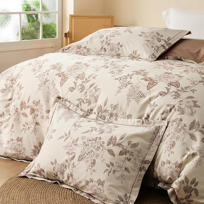 Duvet Cover Set Twin Size Floral Pattern 600 Thread Count Ultra Soft 100% Long Staple Cotton Duvet Cover Sets 3-PC, Breathable Duvet Cover with Zipper Closure & Corner Ties