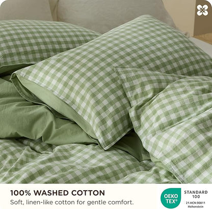 Bedsure Gingham Duvet Cover King Size, 100% Washed Cotton PureWoven Duvet Cover Linen Like Textured, Classic Yarn-Dyed Checkered Pattern Enhances Bedroom Comfort & Style, Gingham Sage Green, 104"x90"