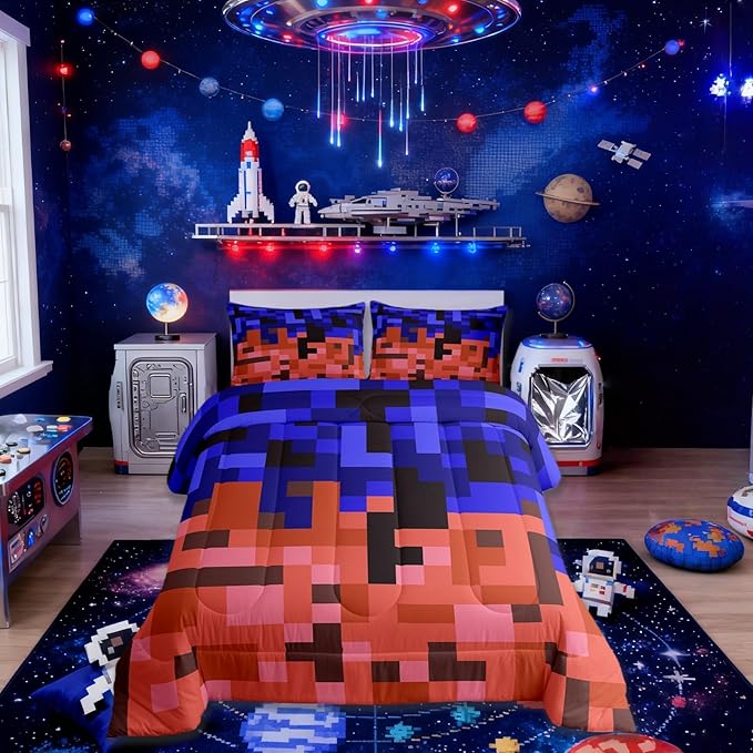 Pixelated Blocks Miners Comforter Set King Size,Video Games Game Gamepad Kids Bedding Set,Geometric Grid Patchwork Quilt Comforter,Blue Red Duvet Insert,2 Pillowcases