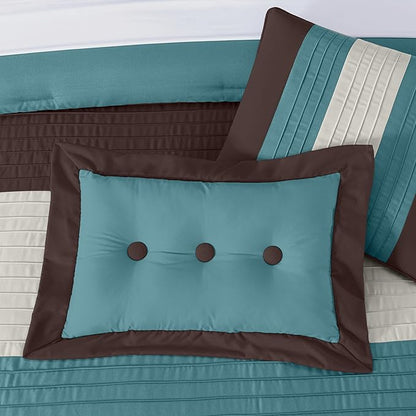 Chezmoi Collection Loft 8-Piece Luxury Striped Comforter Set (California King, Blue/Beige/Chocolate Brown)