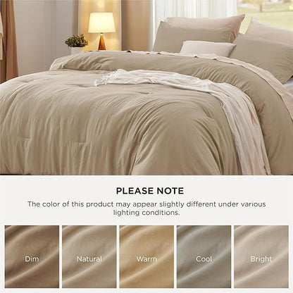 Bedsure Queen Comforter Set, Khaki Soft Prewashed Bedding for All Seasons, 3 Pieces GentleSoft™ Bed Set, 1 Lightweight Comforter (90"x90") and 2 Pillowcases (20"x26")