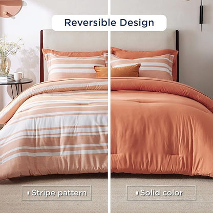 Bedsure California King Comforter Set 7 Pieces, Burnt Orange Striped Bedding Set for All Seasons, Reversible, Cationic Dyeing Bed in a Bag with Comforter, Sheets, Pillowcases & Shams