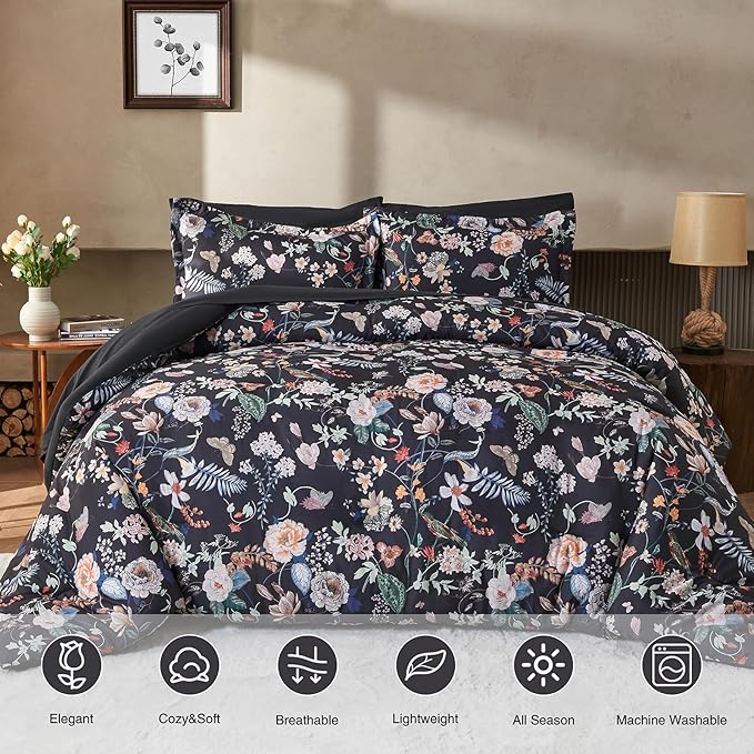 7 Piece King Comforter Set, Black Butterfly Floral Comforter Set with Flowers Leaves Pattern, Soft Microfiber Complete Bedding Set for All Season(Black, King)