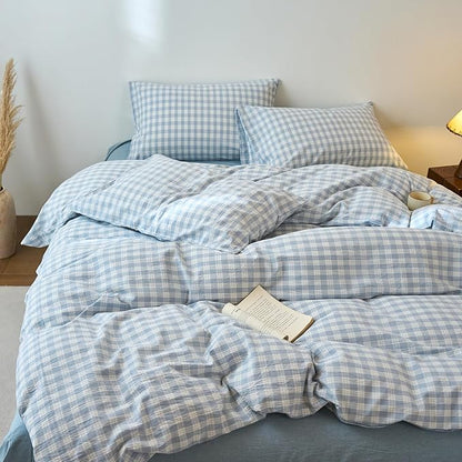Blue Gingham Twin XL Duvet Covers Washed Cotton Boho Twin XL Comforter Cover Soft Pattern Checkered Zipper Duvet Cover Set with 2 Pillow Cases Farmhouse Dorm Bedding Set Plaid Duvet Protector