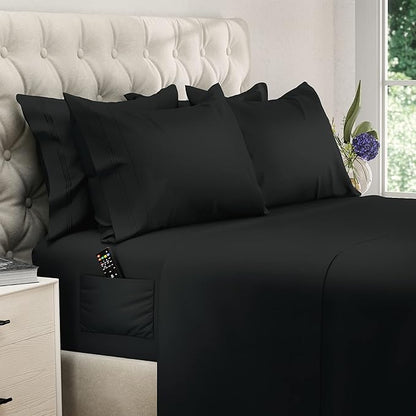 DREAMCARE California King Sheet Sets – 6 pcs Cooling Bed Sheets – up to 21” Deep Cal King Sheets – 2500 Supreme Collection – Extra Soft 100% Brushed Microfiber Hotel Luxury with Side Pocket – Black