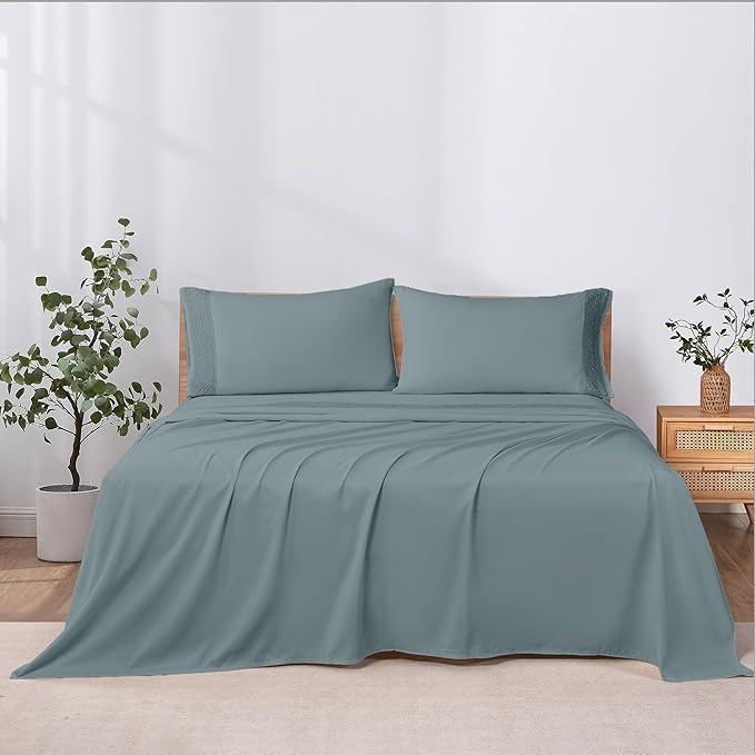 Modern Threads 3 Piece Microfiber Sheet Set – Soft Cooling Bed Sheets with Crochet Lace – Deep Pocket, Wrinkle Free, Breathable, Hotel Luxury Bedding, Slate Teal, Twin