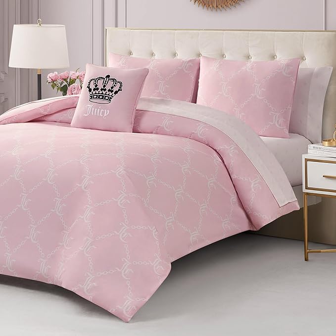 Juicy Couture Light Pink/White Link Logo Printed Comforter Set, Full – Complete 8-Piece Bed in a Bag Collection