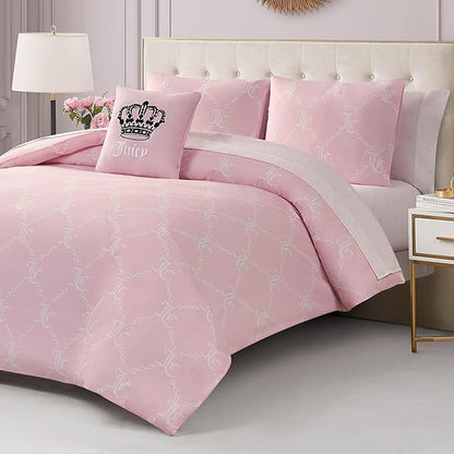 Juicy Couture Light Pink/White Link Logo Printed Comforter Set, Queen – Complete 8-Piece Bed in a Bag Collection