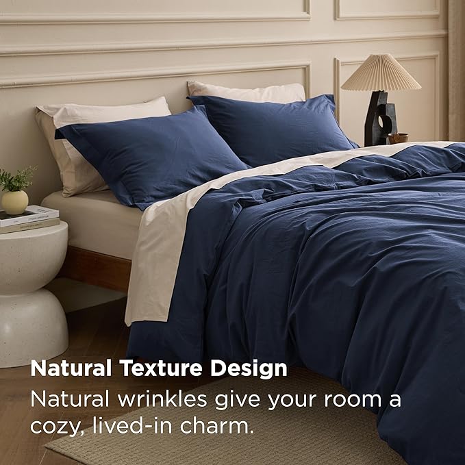 Bedsure 100% Washed Cotton Duvet Cover Queen Size - Navy Minimalist Bedding Set Linen Like - PureWoven Plain Simple & Soft Comforter Cover for All Seasons (Navy, Queen, 90"x90")