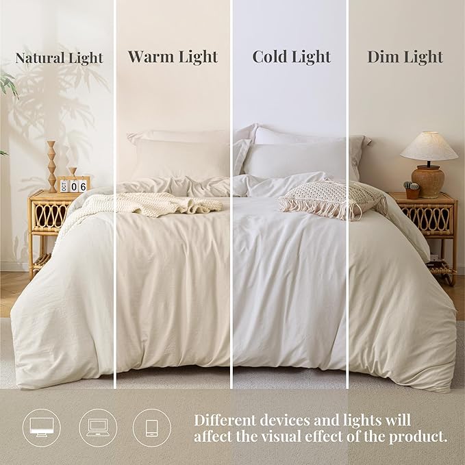MILDLY Super Soft Duvet Cover - 100% Washed Microfiber Beige Comforter Cover Set 3 Pieces with Zipper Closure & Corner Ties (No Comforter)